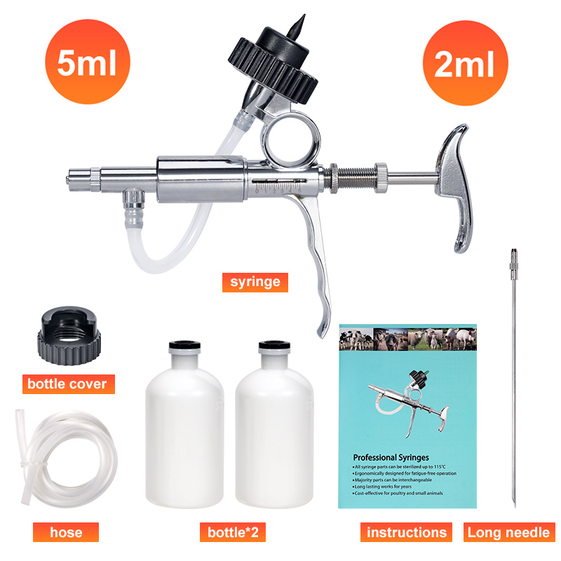 Veterinary Syringe Gun - เครื่องฉีดยาอัตโนมัติสำหรับสัตว์ปีกขนาด 2 มล./5 มล. พร้อมอุปกรณ์เสริม กระบอกฉีดยาสำหรับวัคซีนเฉพาะสัตว์
